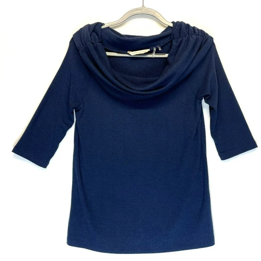 Soft Surroundings Sweater Size Medium Blue Ruched Cowl Neck Short‎ Sleeve